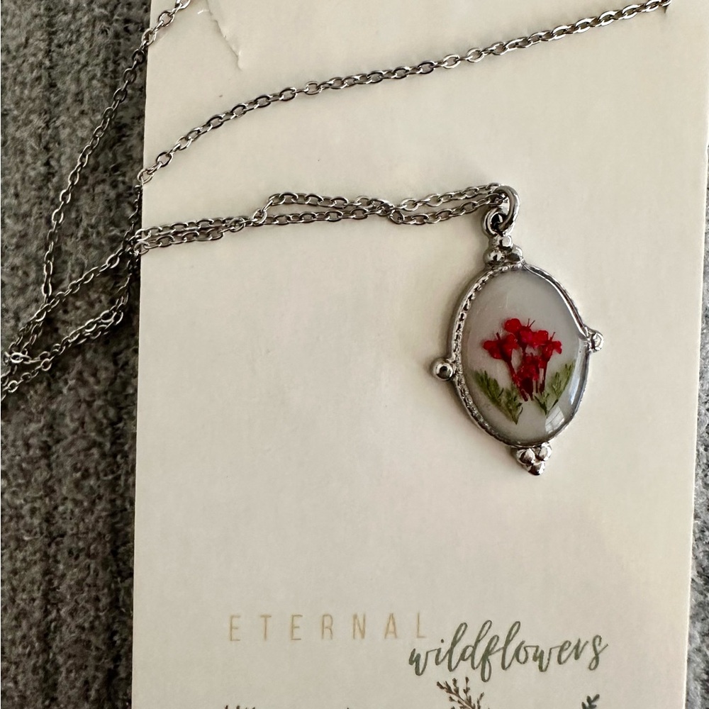 Pressed Red Wildflower Pendant Necklace- Brand New